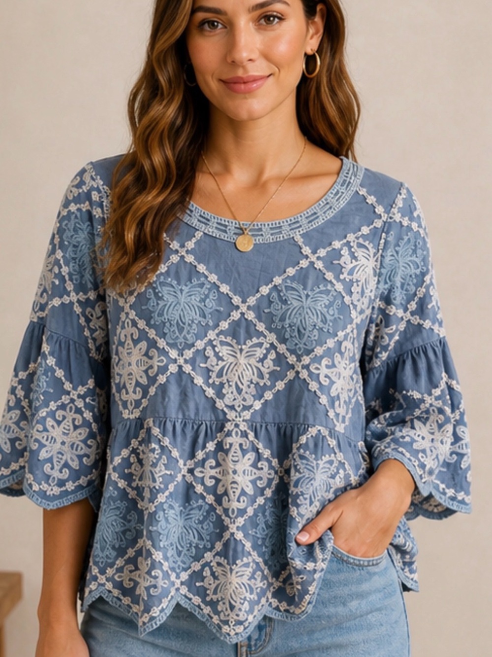 Knitted Dove Embroidered Boho Blouse Blue Lace Peasant Top Anthropologie Style
